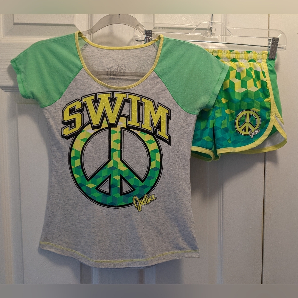 JUSTICE Girls 2-Piece Outfit Size 8, Bright Green & Yellow,"SWIM" EUC Must Have!